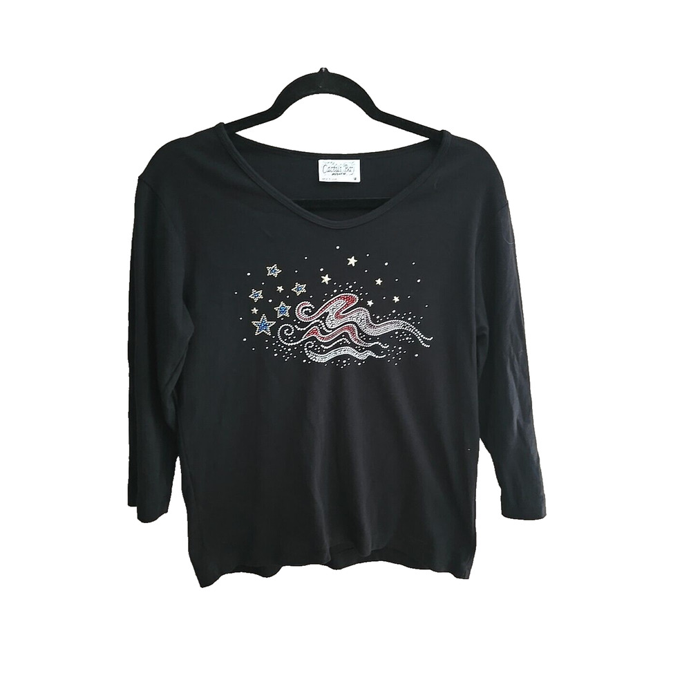 Cactus Bay American Flag Patriotic Rodeo Cowgirl Womans Blouse Size Medium Black